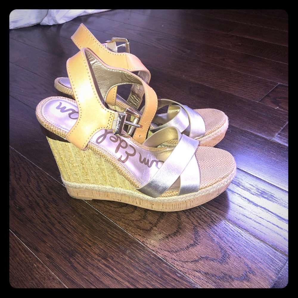 Sam Edelman Gold Metallic and Tan Espadrille Wedge Sandals
